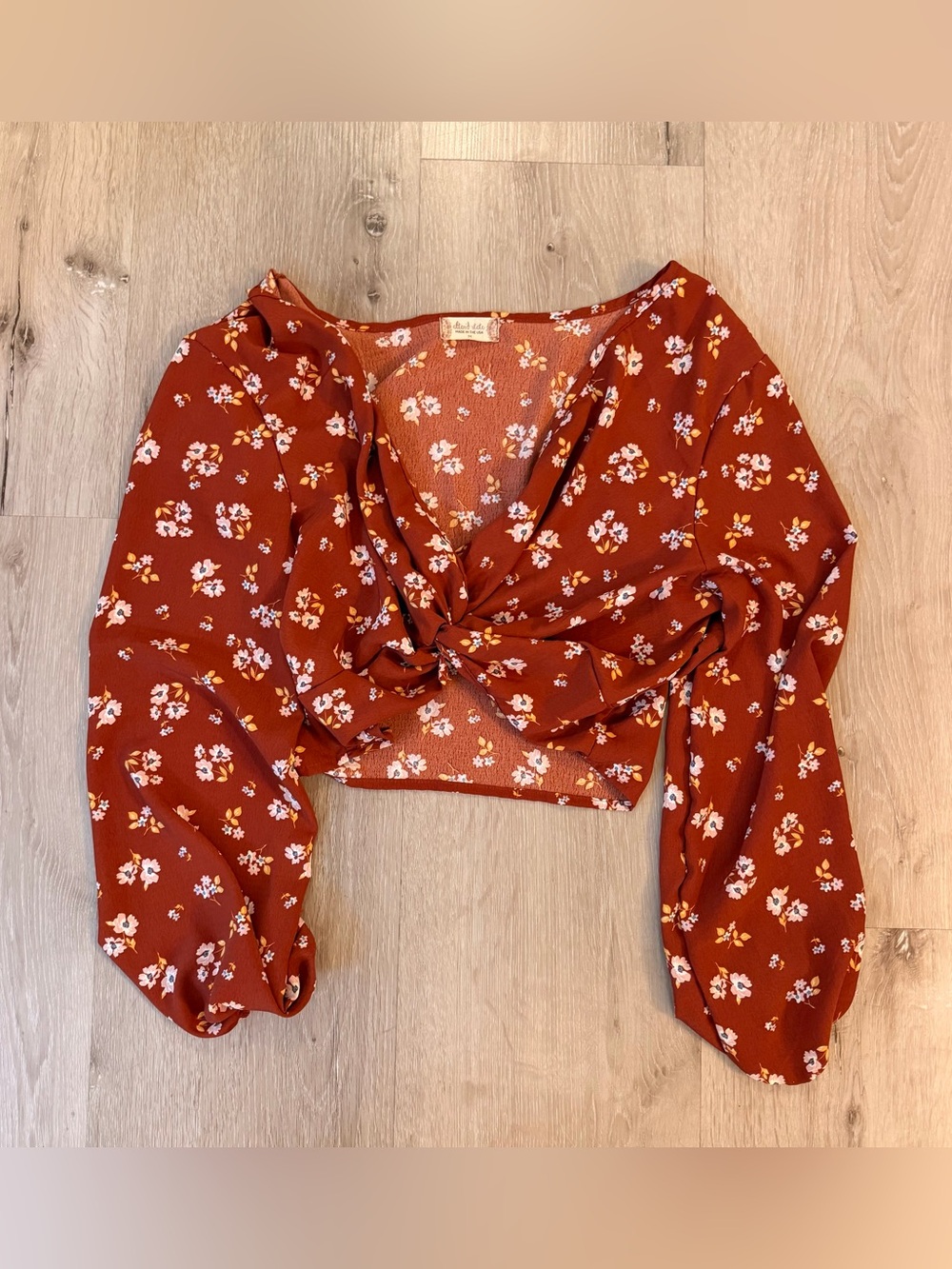 Altar'd State orange floral blouse with tie front detail